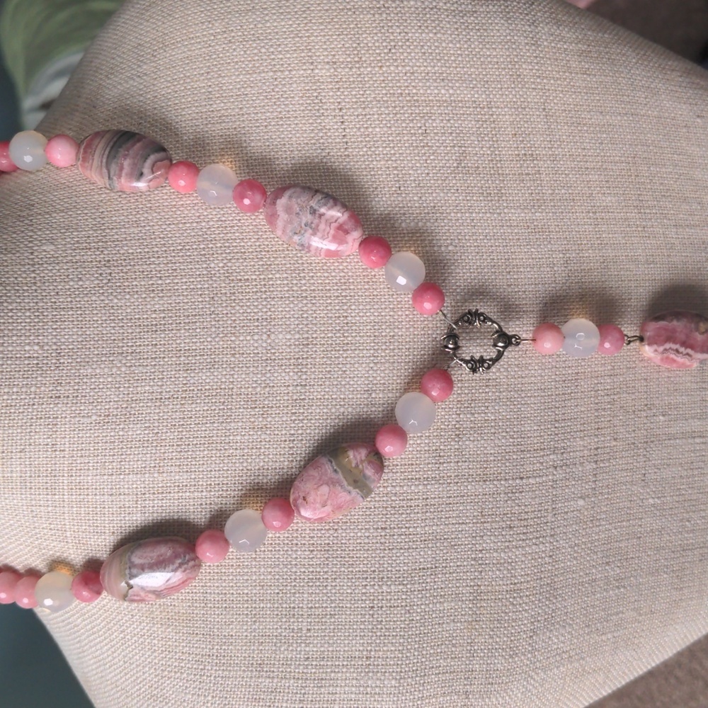 New Rhodachocite & Pink Opal Beaded Necklace, Genuine Gemstones, Silvertone